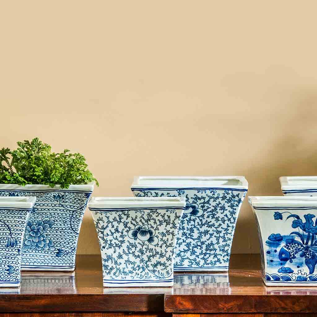 Campania Square Flared Planter - Blue and White Mix - Set of 6